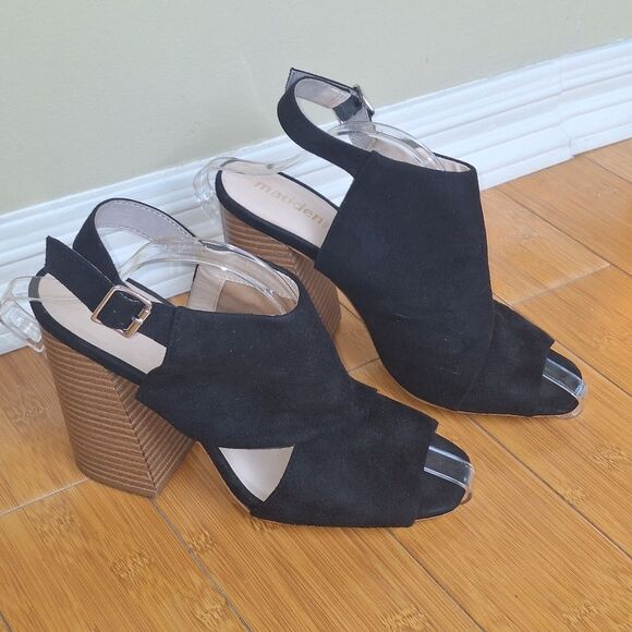 Madden NYC Chunky Stacked Heel Sandal Slingback Black Micro Suede 5" size 10M - Picture 2 of 16